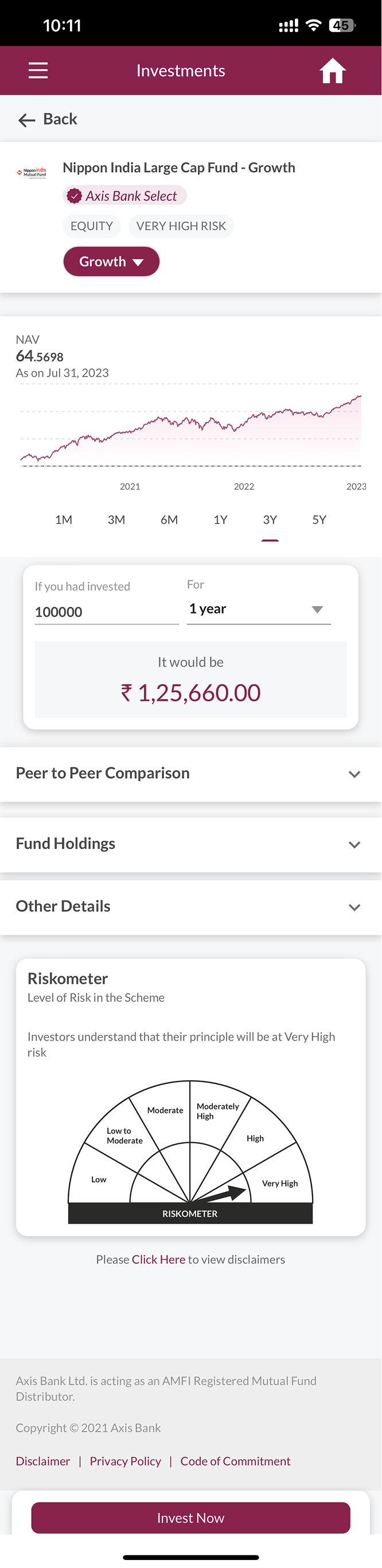 The old fund details page, with the riskometer buried far below the fold